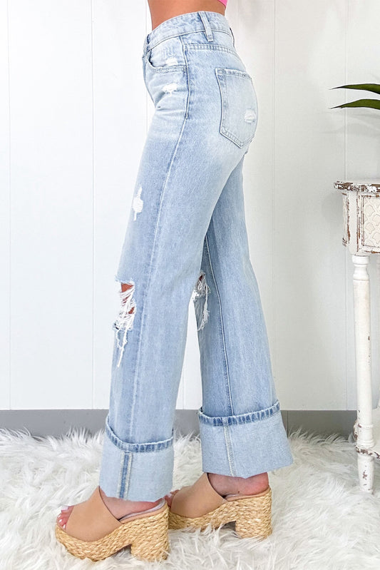 Beau Blue Light Wash Distressed Straight Jeans-Bella Boutique Collective