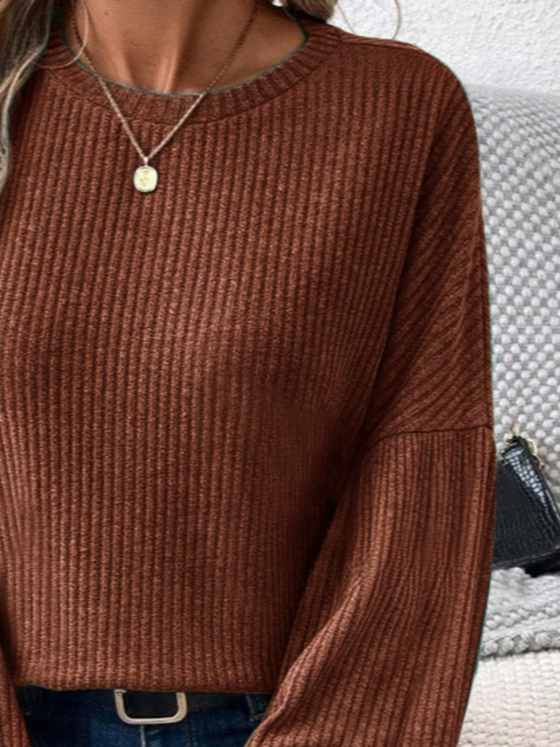 Ribbed Round Neck Lantern Sleeve T-Shirt-Bella Boutique Collective