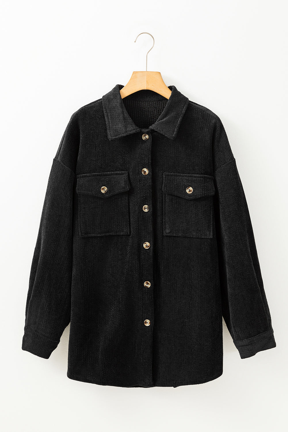 Black Corduroy Flap Pocket Button Up Shacket-Bella Boutique Collective