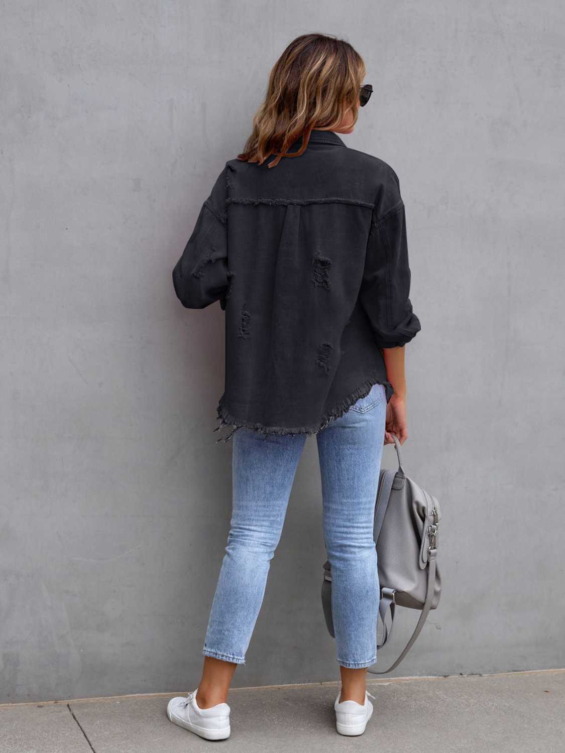 Distressed Drop Shoulder Denim Jacket-Bella Boutique Collective
