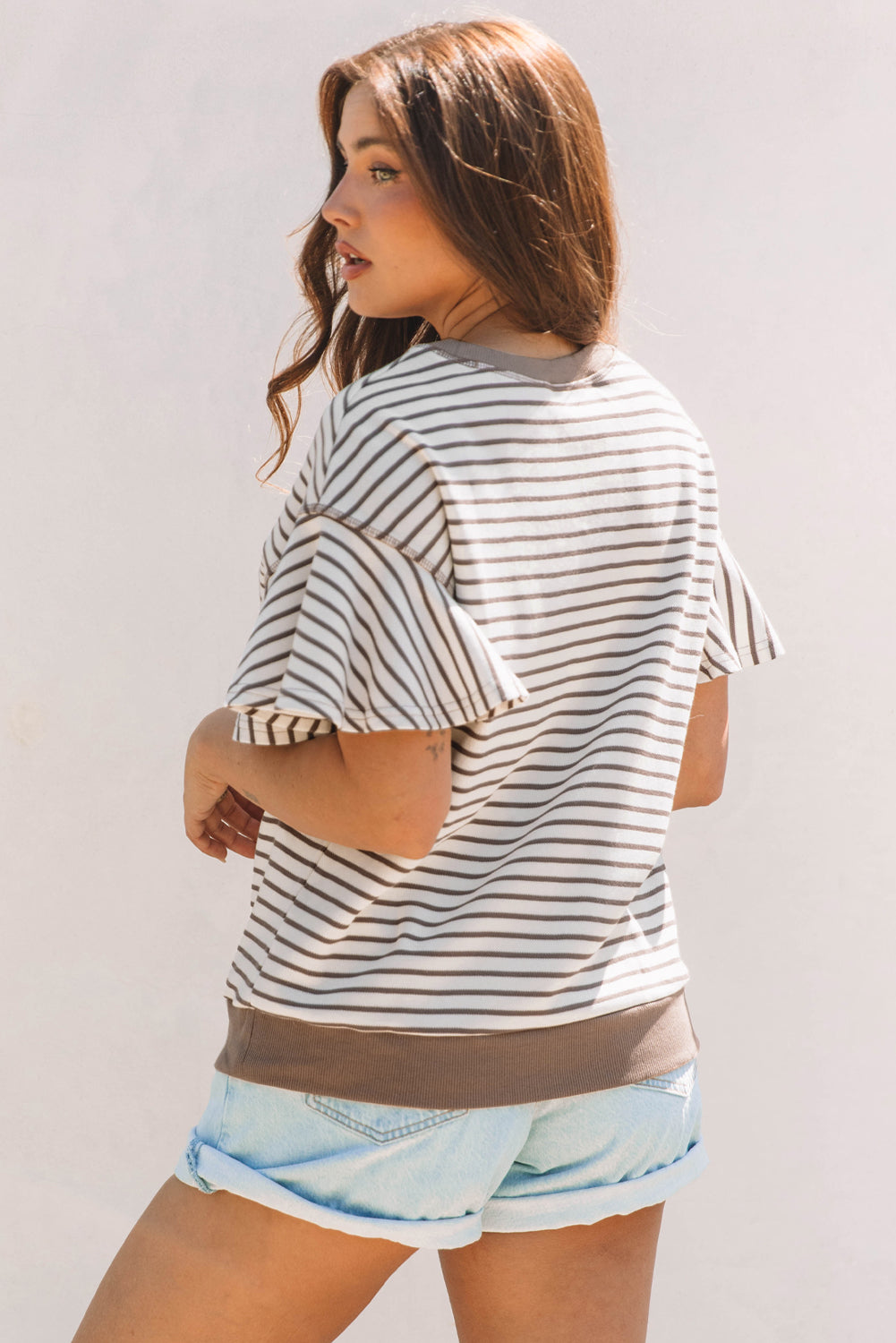 Parchment Contrast Detail Striped Ruffle Short Sleeve Top-Bella Boutique Collective