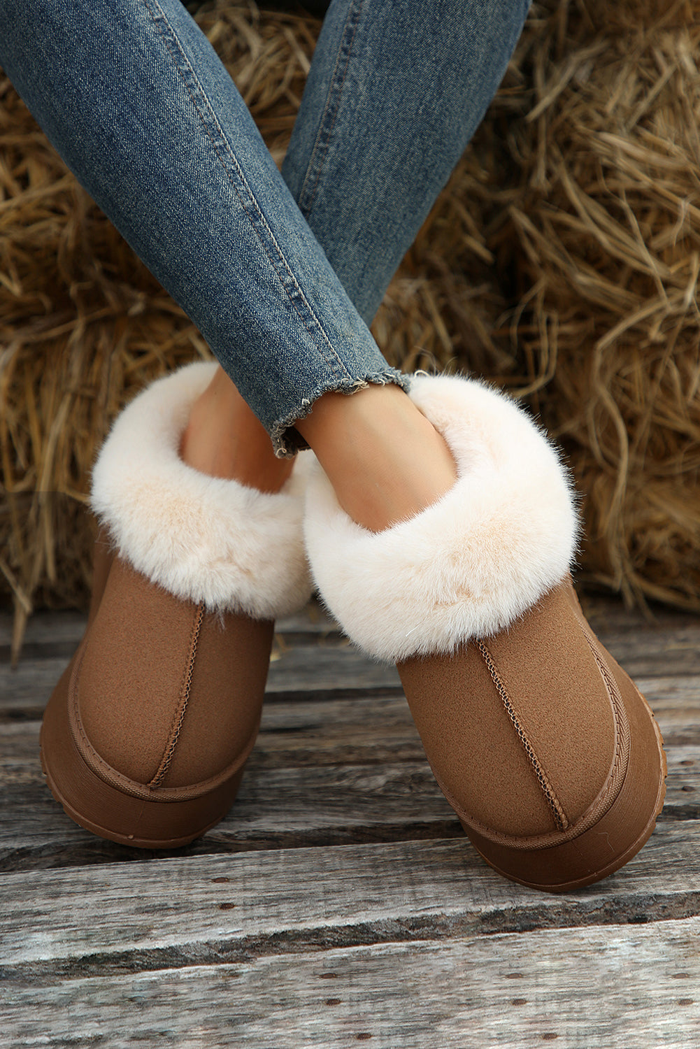 Chestnut Plush Suede Trim Thick Sole Flat Snow Boots-Bella Boutique Collective