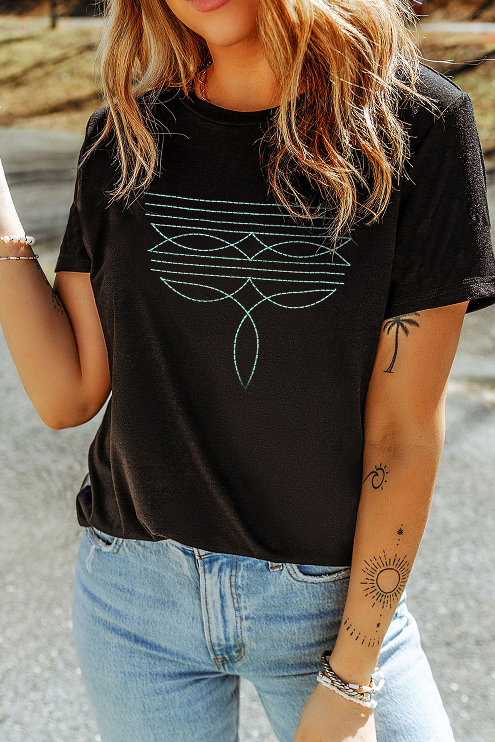 Black Western Fashion Geometric Embroidered T Shirt-Bella Boutique Collective