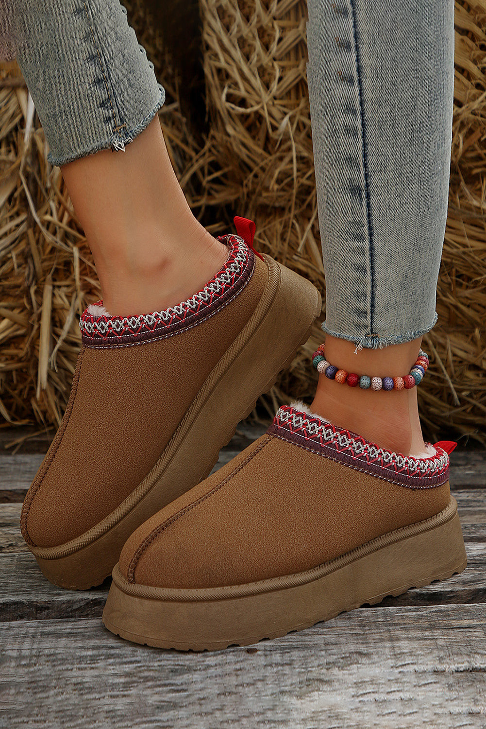 Chestnut Contrast Print Suede Plush Lined Snow Boots-Bella Boutique Collective