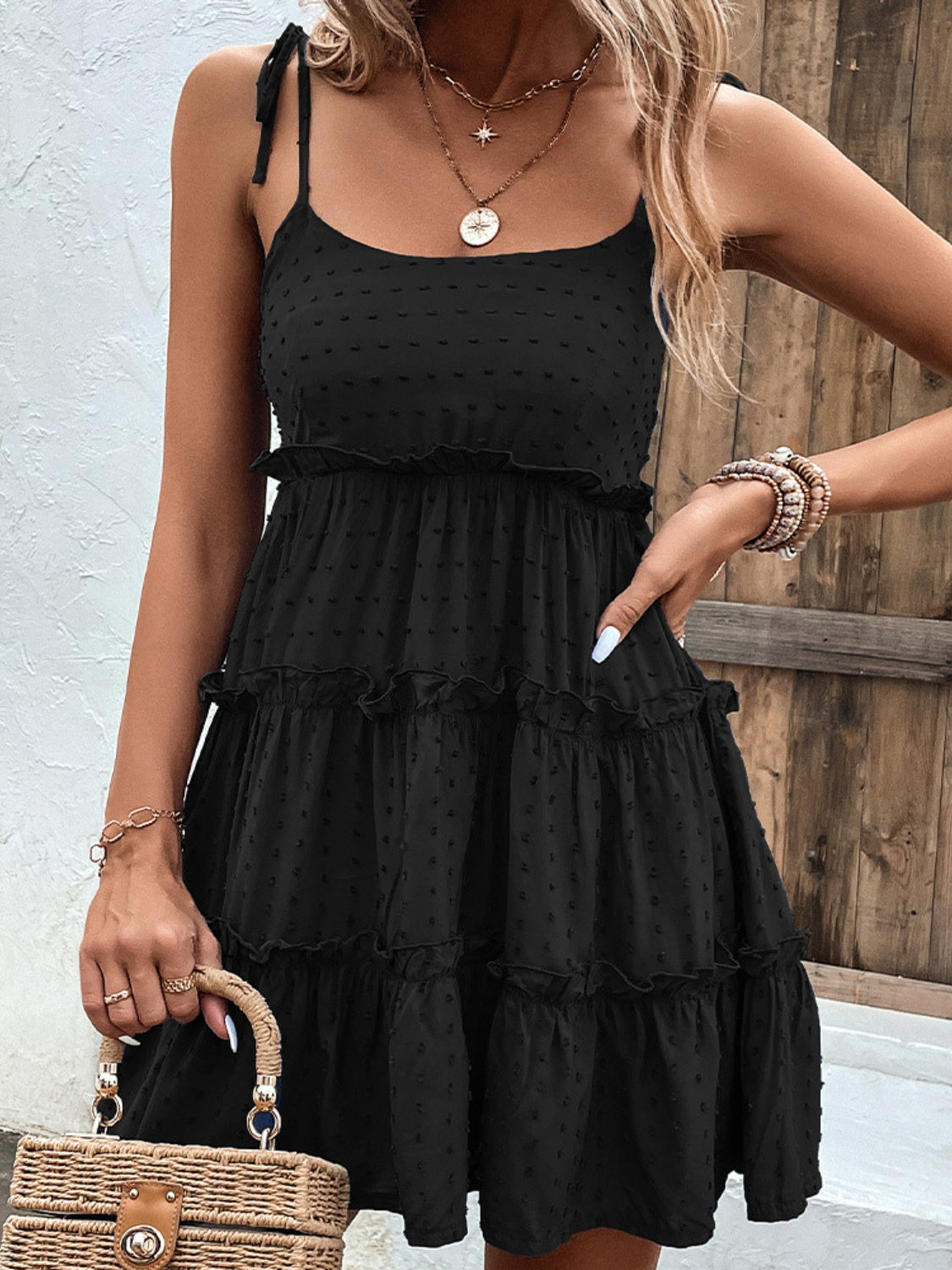 Shiny Frill Spaghetti Strap Tiered Dress-Bella Boutique Collective