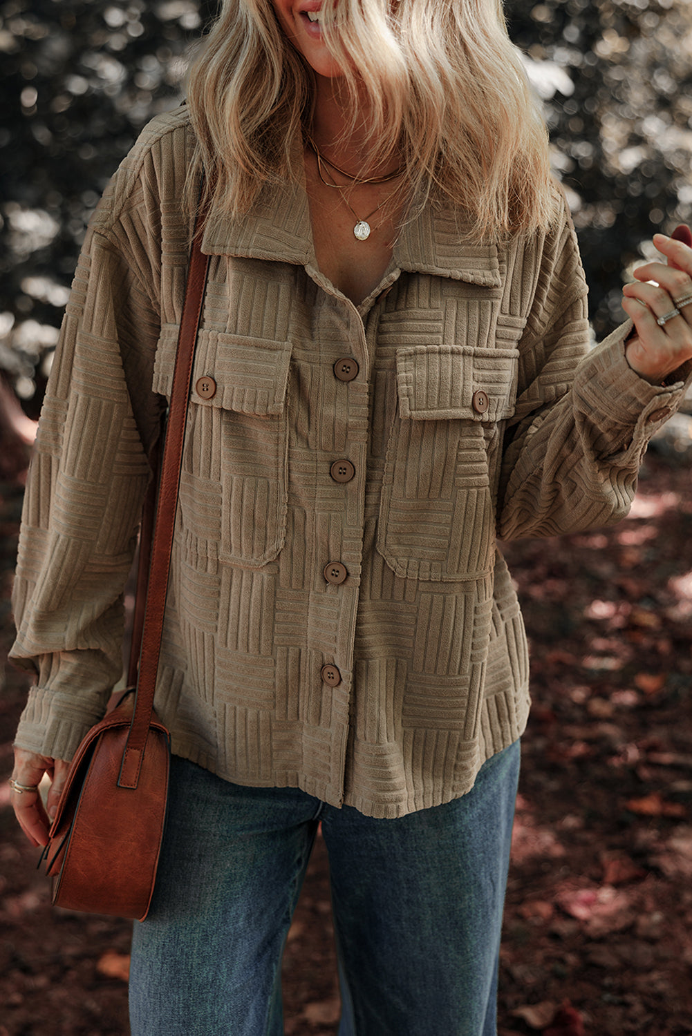 Dark Khaki Textured Chest Pocket Button-up Shacket-Bella Boutique Collective