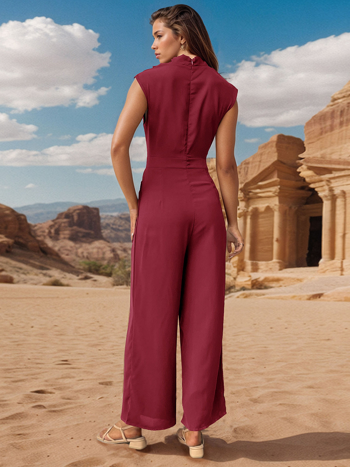 Perfee Ruched Mock Neck Sleeveless Jumpsuit-Bella Boutique Collective