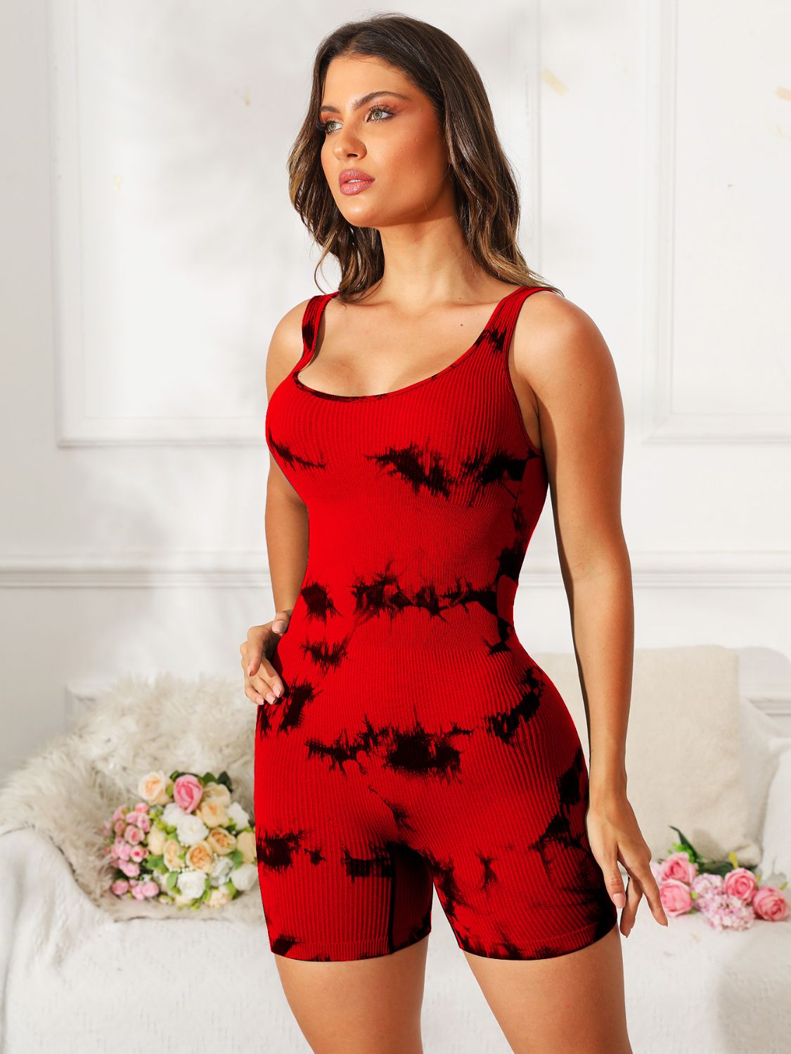 Tie-Dye Wide Strap Active Romper-Bella Boutique Collective