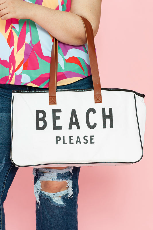 White BEACH PLEASE Print Large Canvas Tote Bag-Bella Boutique Collective