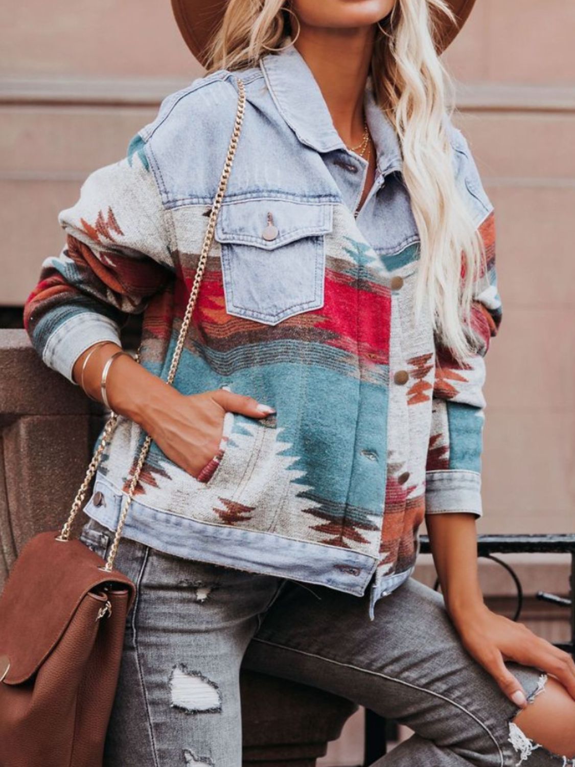 Geometric Button Up Long Sleeve Denim Jacket-Bella Boutique Collective