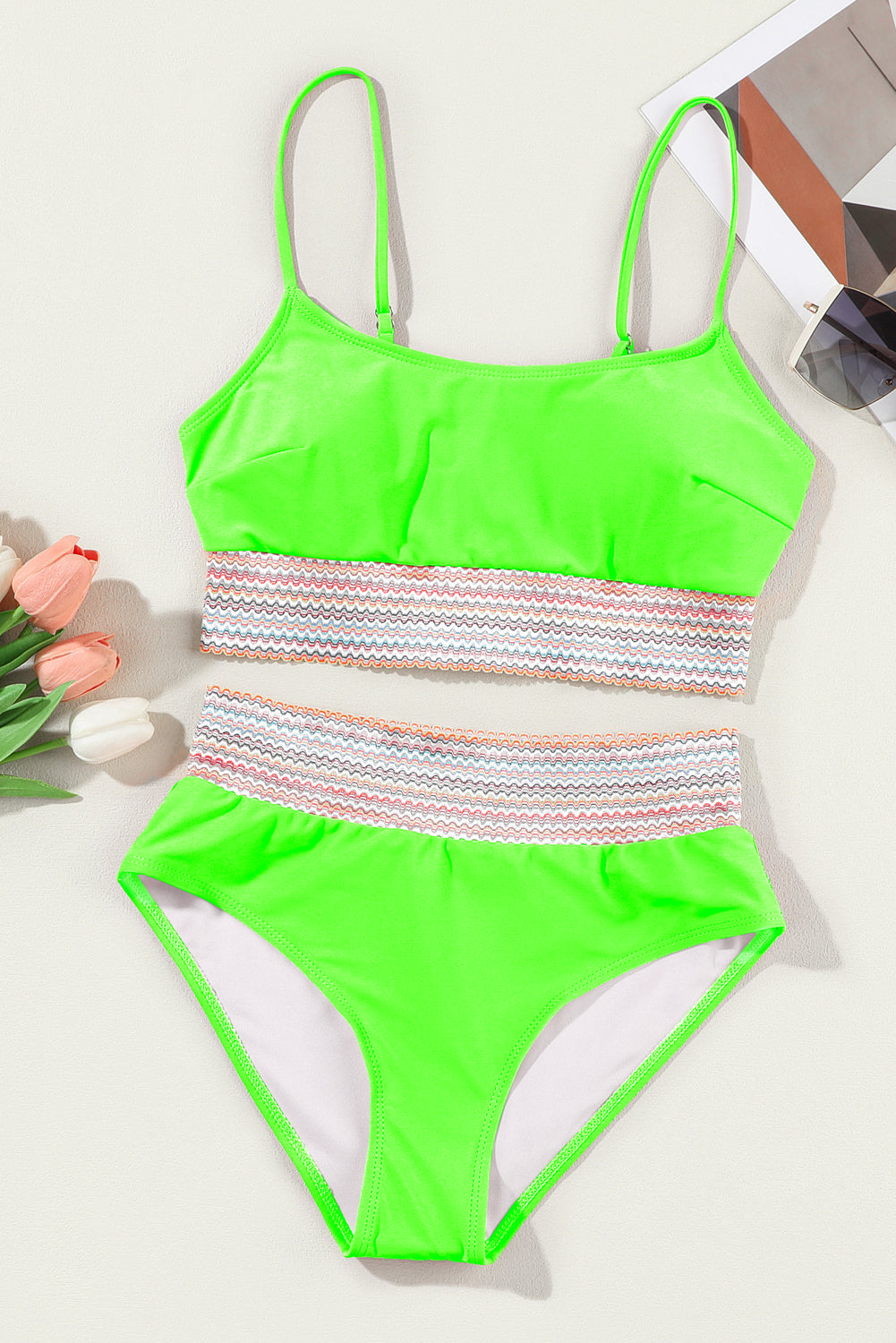 Green Striped Patchwork Spaghetti Strap High Waist Bikini Swimsuit-Bella Boutique Collective