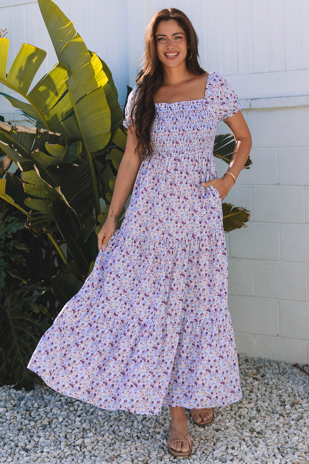 Purple Floral Short Bubble Sleeve Shirred High Waist Maxi Dress-Bella Boutique Collective
