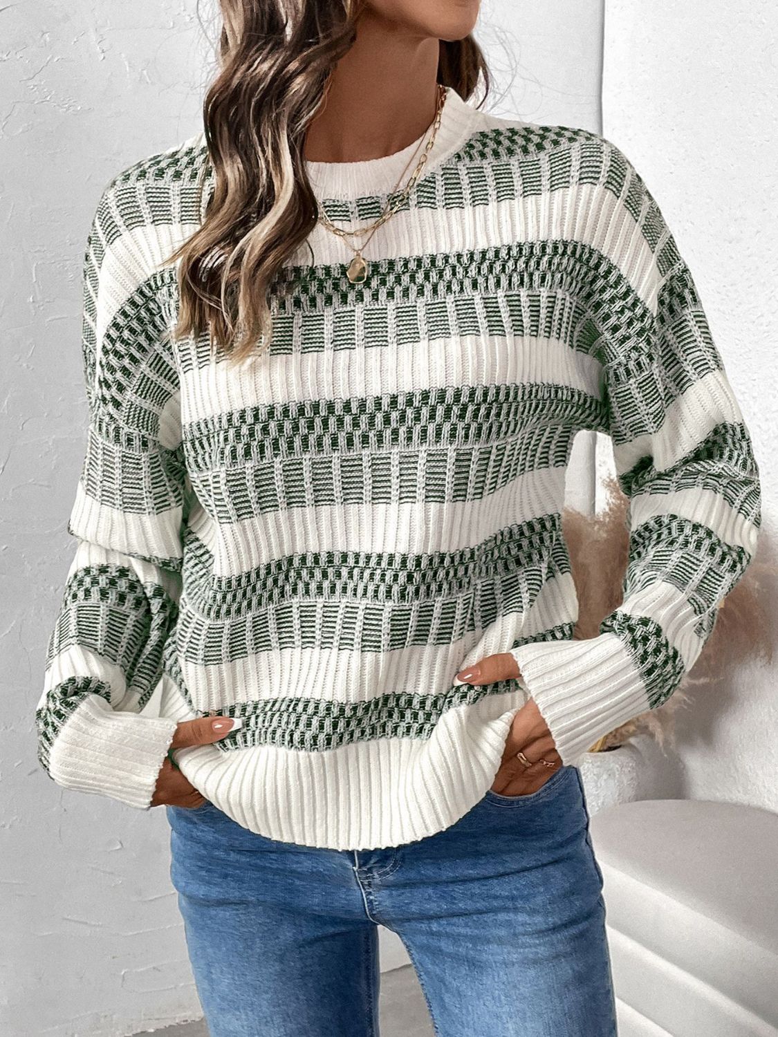 Perfee Contrast Round Neck Long Sleeve Sweater-Bella Boutique Collective
