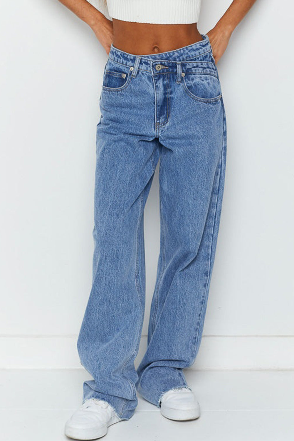 Blue Mid Rise Asymmetrical Waist Wide Leg Jeans-Bella Boutique Collective