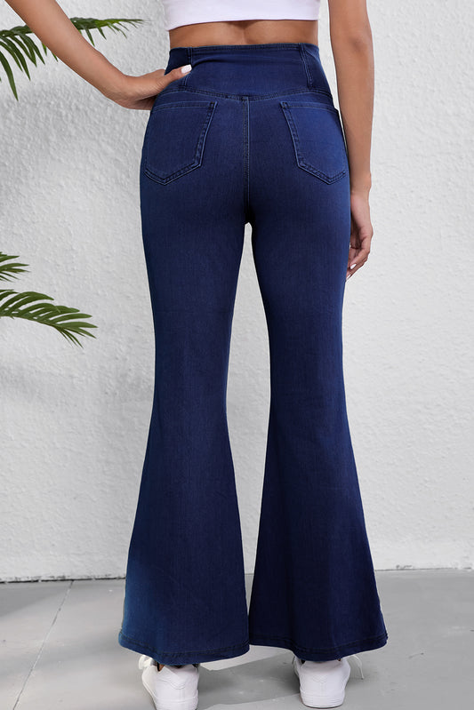 Dusk Blue Solid Crossed Waist High Elastic Fit Flare Knit Jeans-Bella Boutique Collective