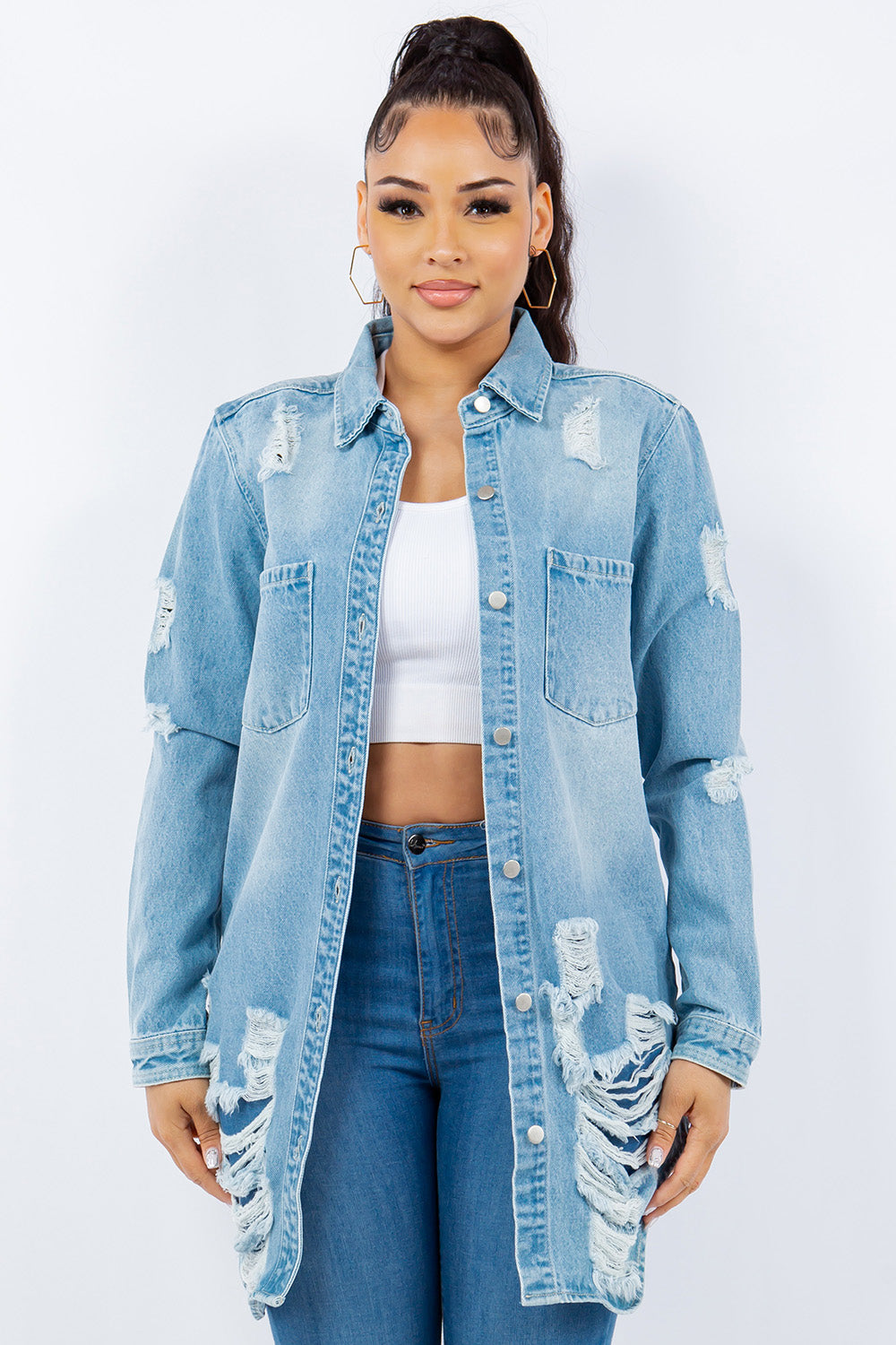 American Bazi Distressed Button Up Long Sleeve Denim Jacket-Bella Boutique Collective