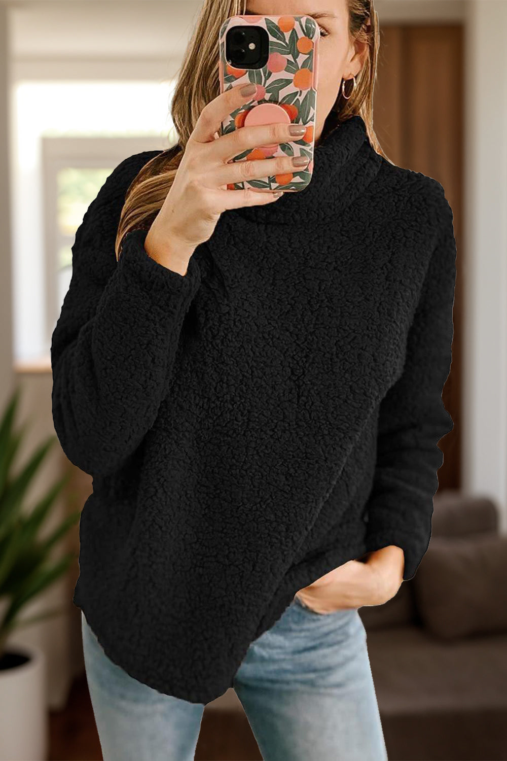Fuzzy Turtleneck Long Sleeve Sweatshirt-Bella Boutique Collective