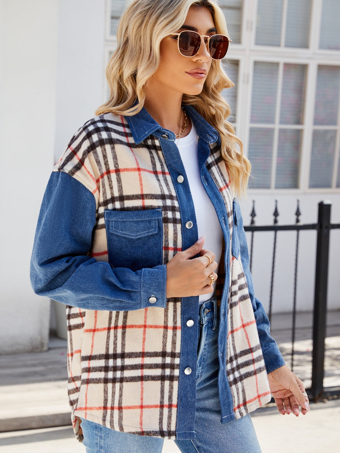 Plaid Long Sleeve Denim Jacket-Bella Boutique Collective