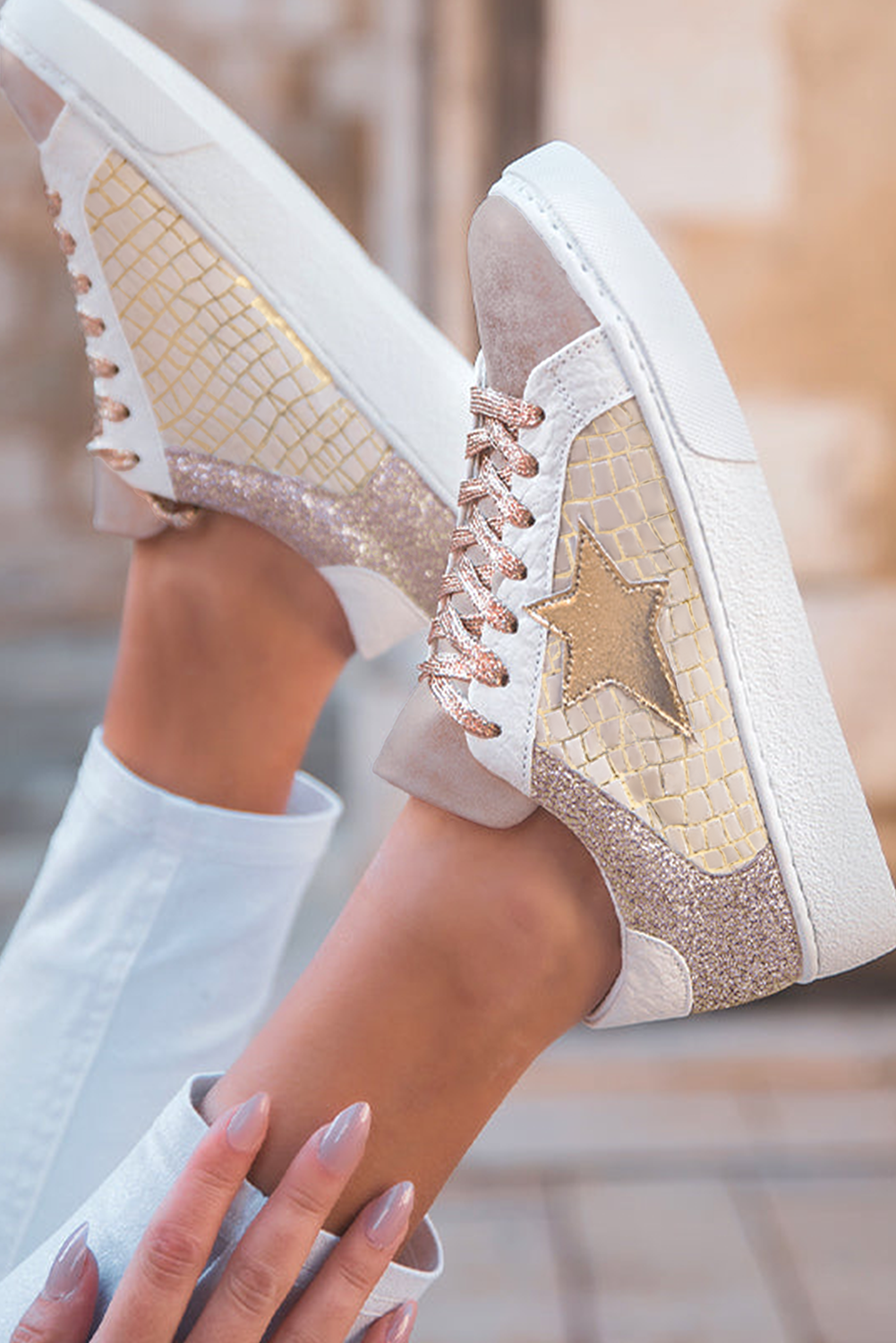 Gold Glitter Star Patchwork PU Leather Lace-up Sneakers-Bella Boutique Collective