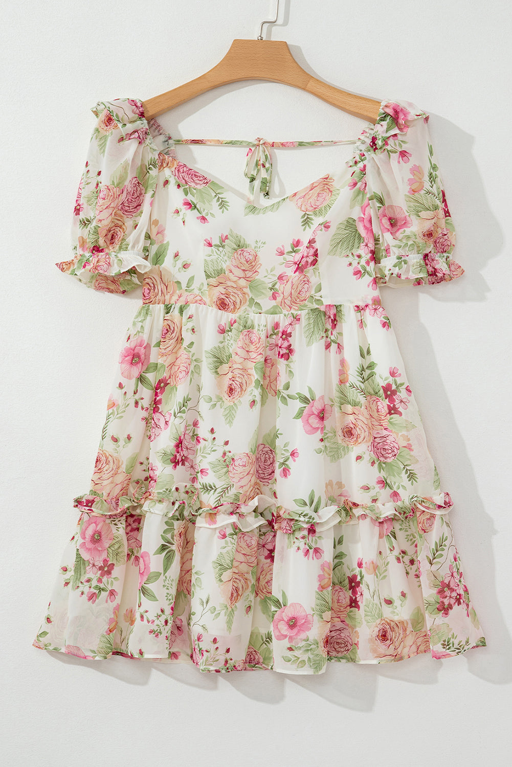 White Vibrant Floral Bubble Sleeve Sweetheart Neck Ruffle Mini Dress-Bella Boutique Collective