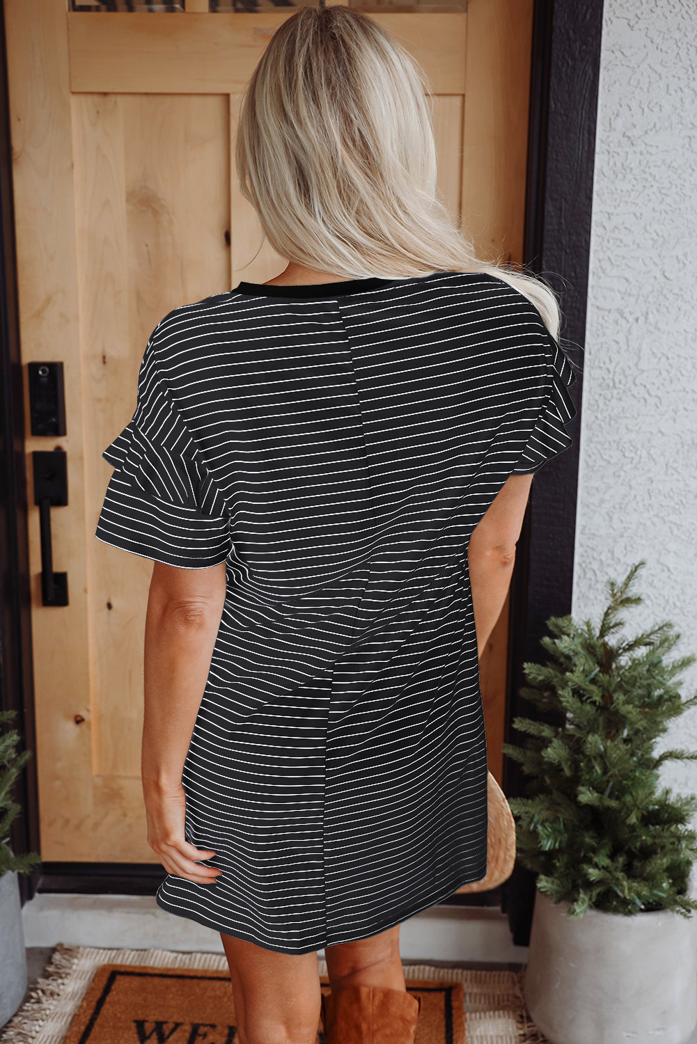 Black Stripe Ruffled Short Sleeve Crew Neck T Shirt Shift Mini Dress-Bella Boutique Collective
