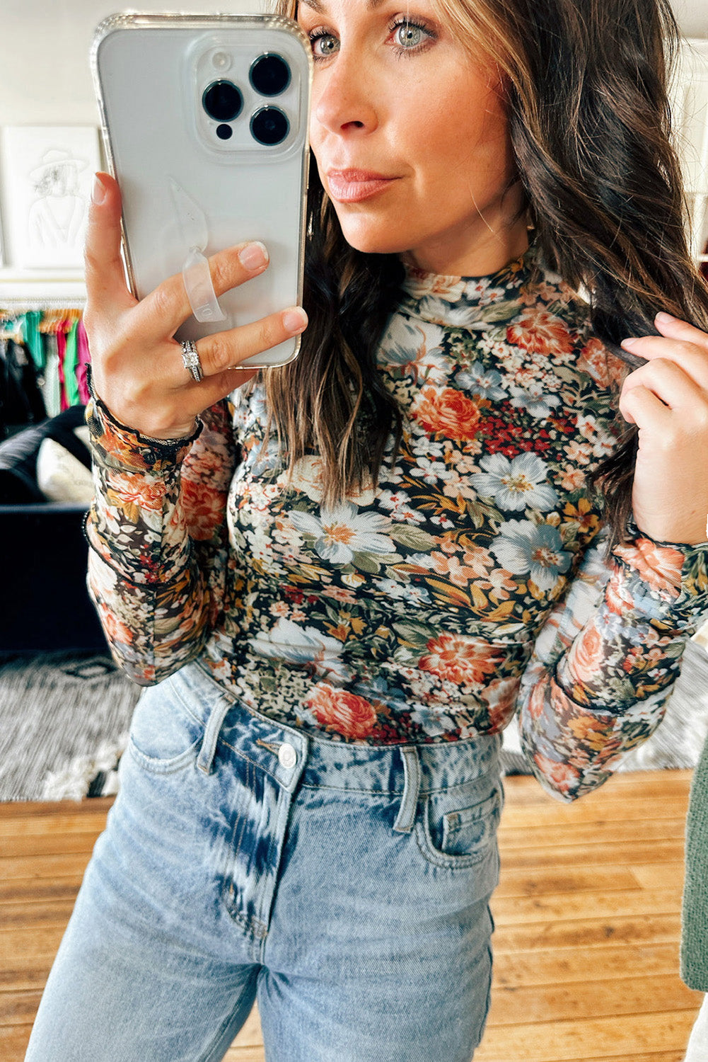 Brown Floral Long Sleeve High Neck Sheath Mesh Blouse-Bella Boutique Collective