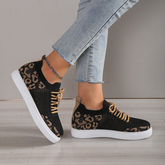 Lace-Up Leopard Flat Sneakers-Bella Boutique Collective