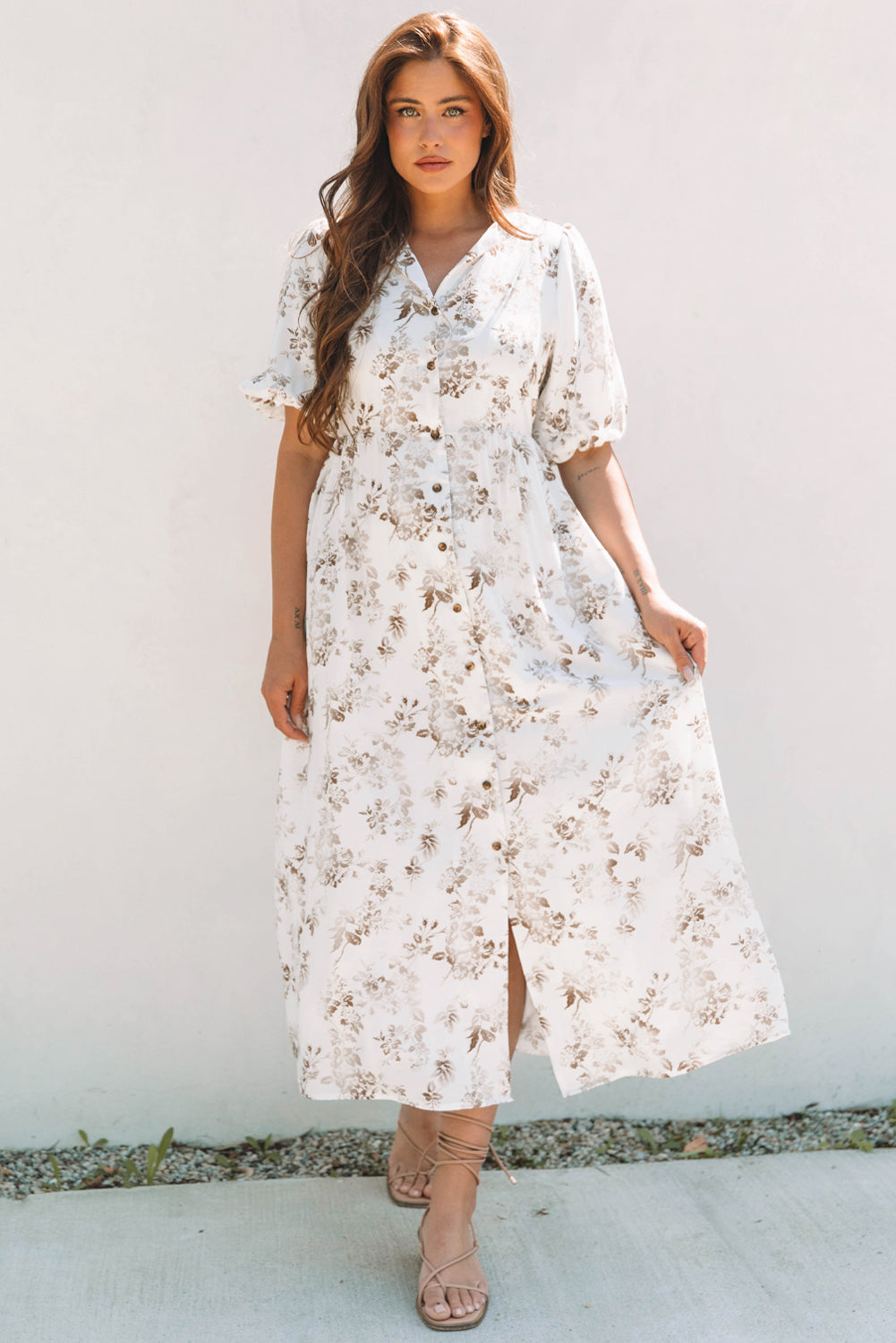 Khaki Floral Puff Sleeve V Neck Buttoned Front Maxi Dress-Bella Boutique Collective