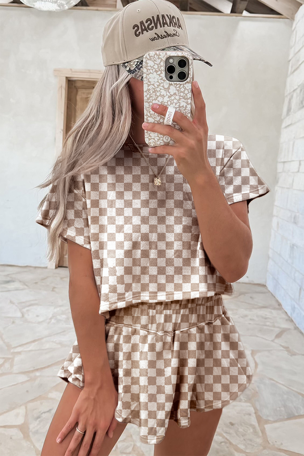 Brown Checkerboard T Shirt and High Waist Skorts 2 Piece Outfit-Bella Boutique Collective