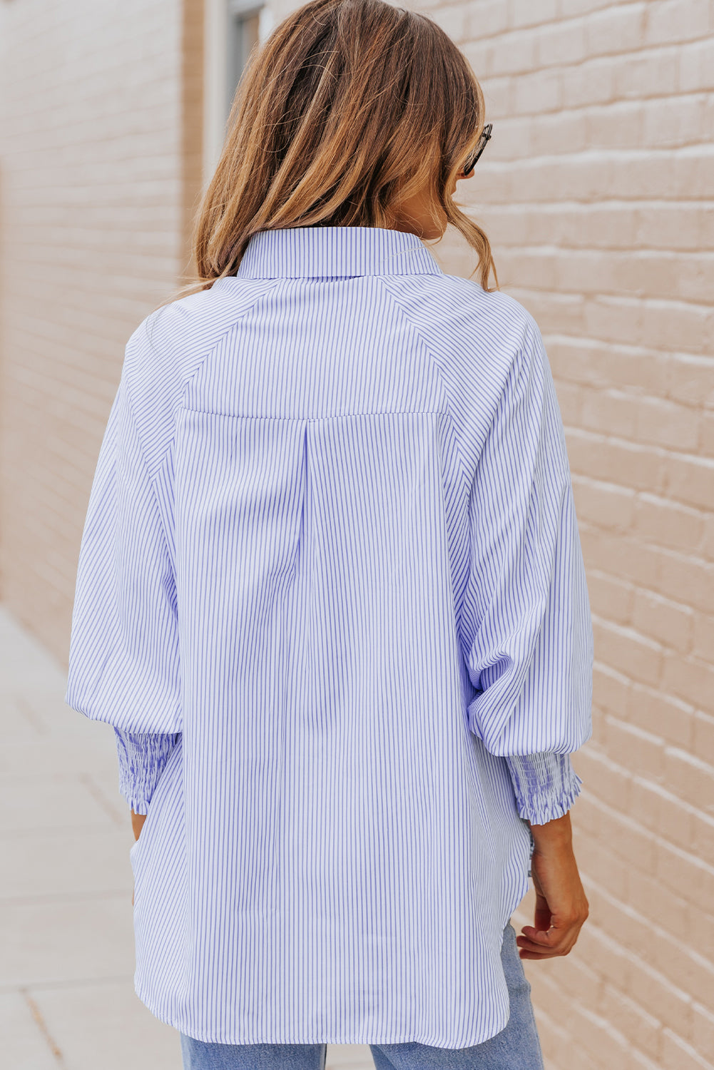 Sky Blue Smocked Cuffed Striped Boyfriend Shirt with Pocket-Bella Boutique Collective