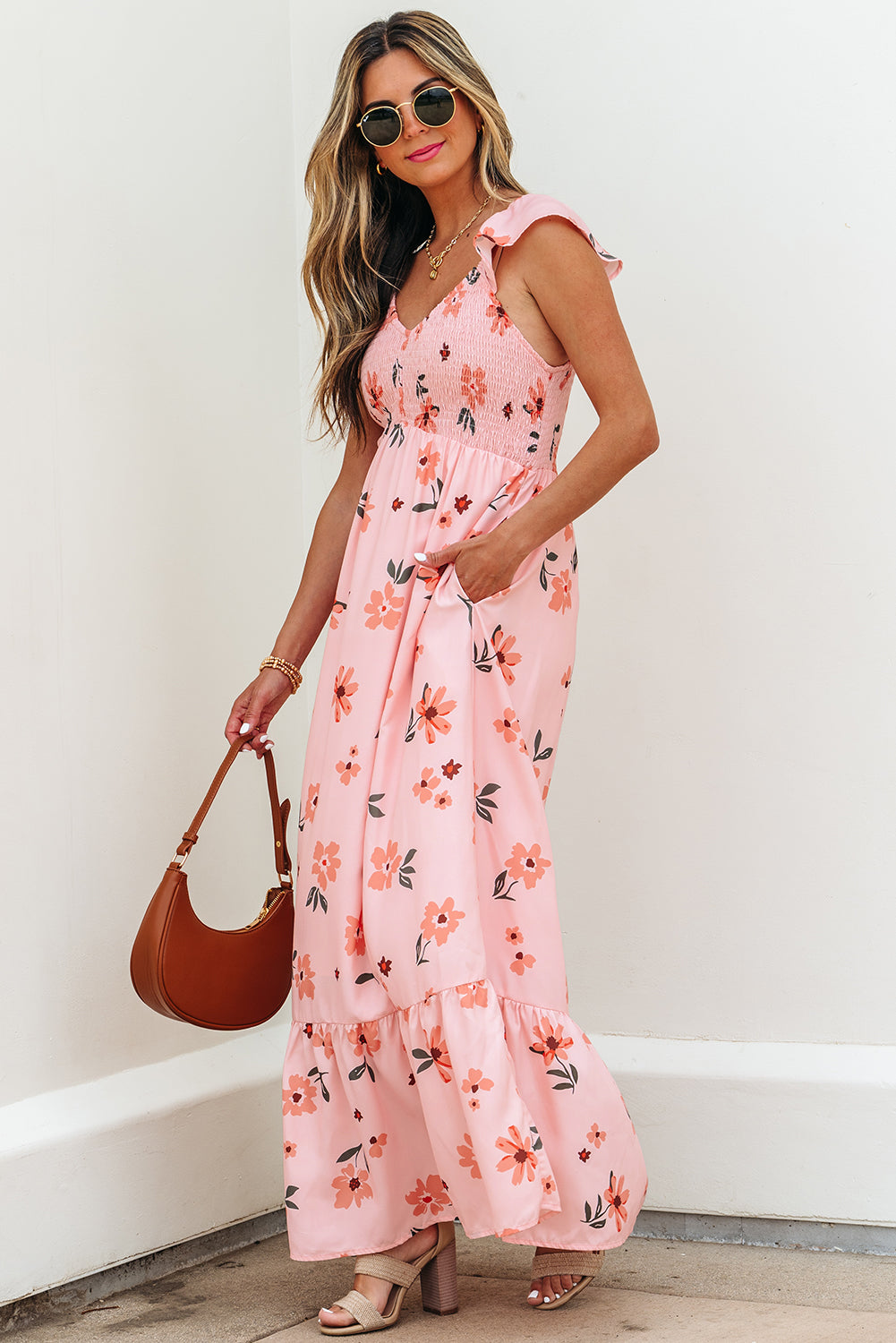 Pink Floral V Neck Smocked High Waist Ruffle Hem Long Dress-Bella Boutique Collective