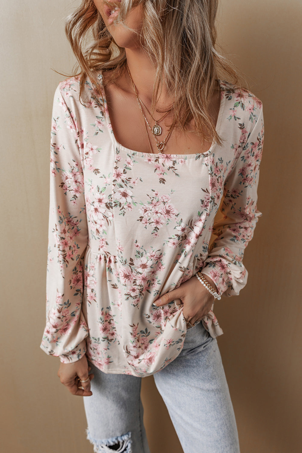 Pink Floral Print Pleated U Neck Loose Fit Blouse-Bella Boutique Collective