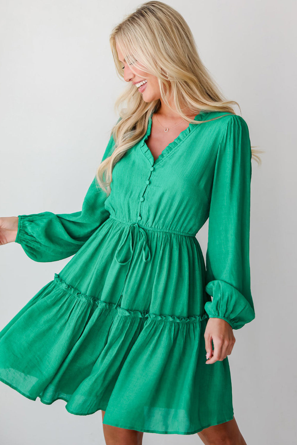 Sea Green Frilly V Neck Puff Sleeve Drawstring Shift Mini Dress-Bella Boutique Collective