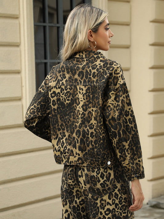 Pocketed Leopard Long Sleeve Denim Jacket-Bella Boutique Collective