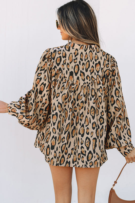 Light French Beige Oversized Leopard Print Balloon Sleeve Casual Shirt-Bella Boutique Collective