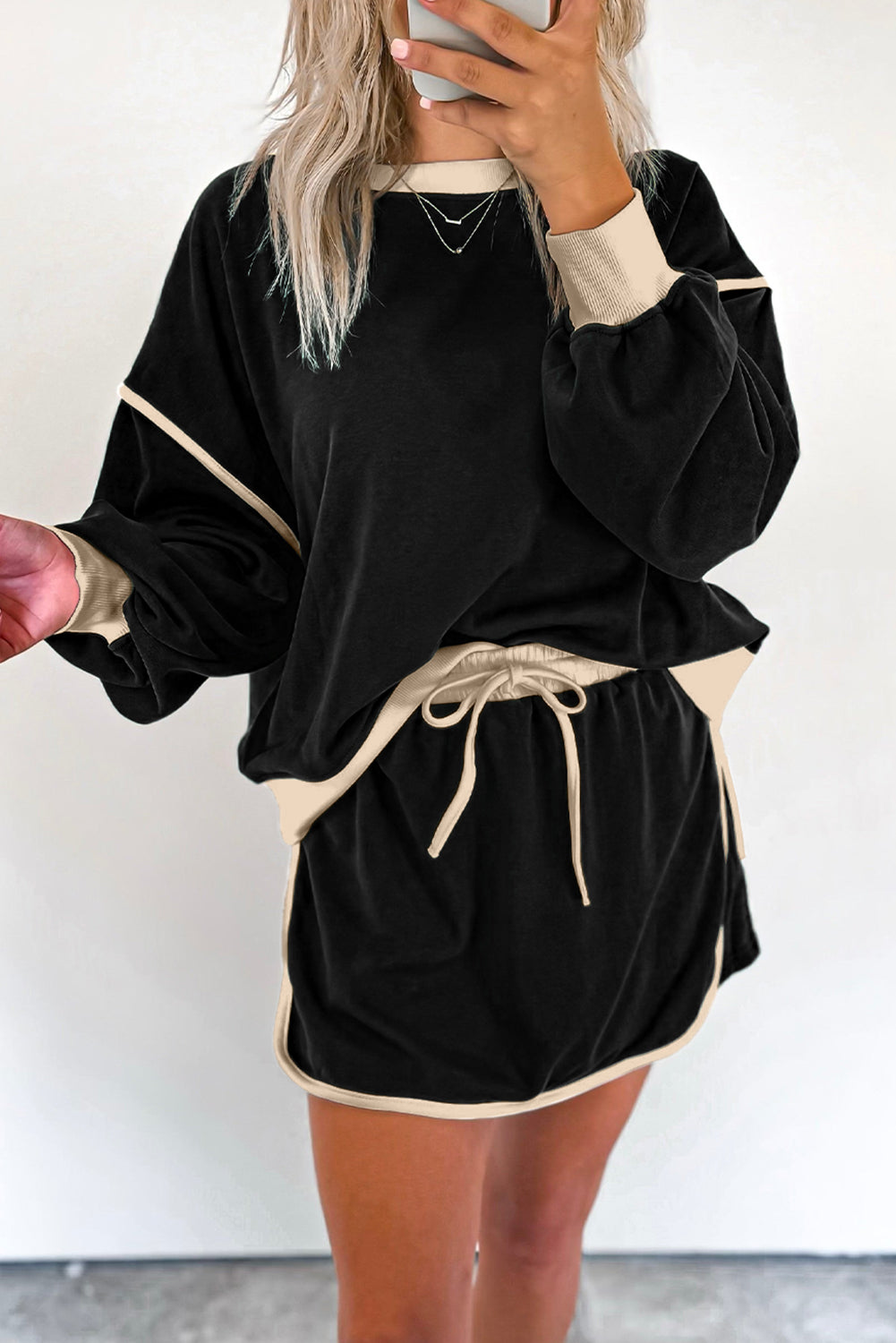 Black Color Contrast Loose Pullover and Lace-up Waist Skort Set-Bella Boutique Collective