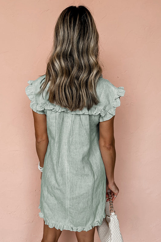 Green Stripe Frilled Sleeveless Collar Front Pocket Button Up Mini Dress-Bella Boutique Collective