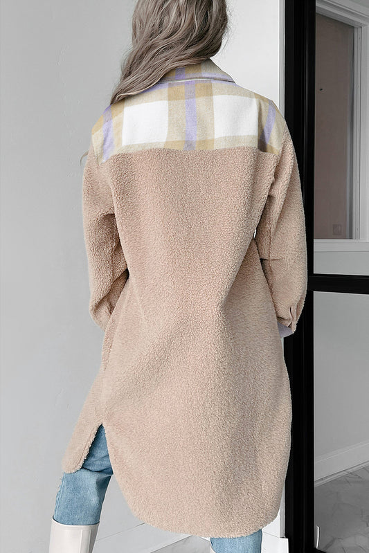 Smoke Gray Plaid Patchwork Collared Button-up Sherpa Long Coat-Bella Boutique Collective