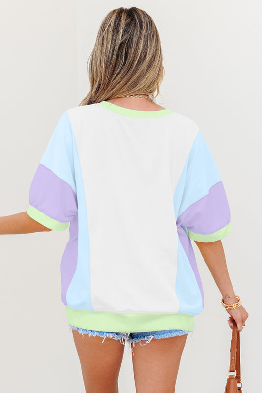 White Color Block Patchwork Half Sleeve Oversized T Shirt-Bella Boutique Collective