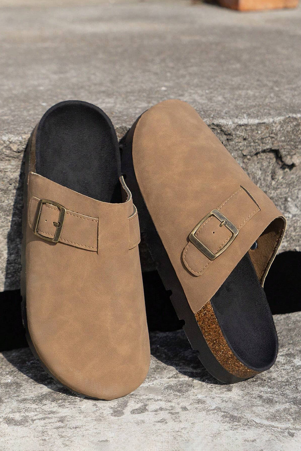 Light French Beige Suede Buckle Detail Slippers-Bella Boutique Collective