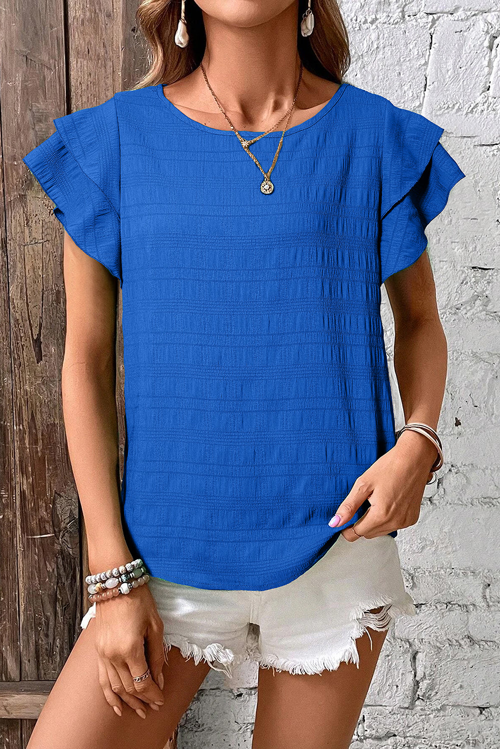 Dark Blue Textured Ruffled Sleeve Round Neck Top-Bella Boutique Collective