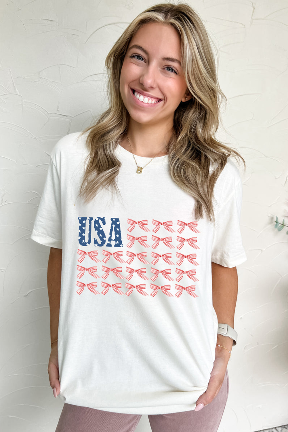 White USA Flag Bow Knot Print Round Neck T Shirt-Bella Boutique Collective