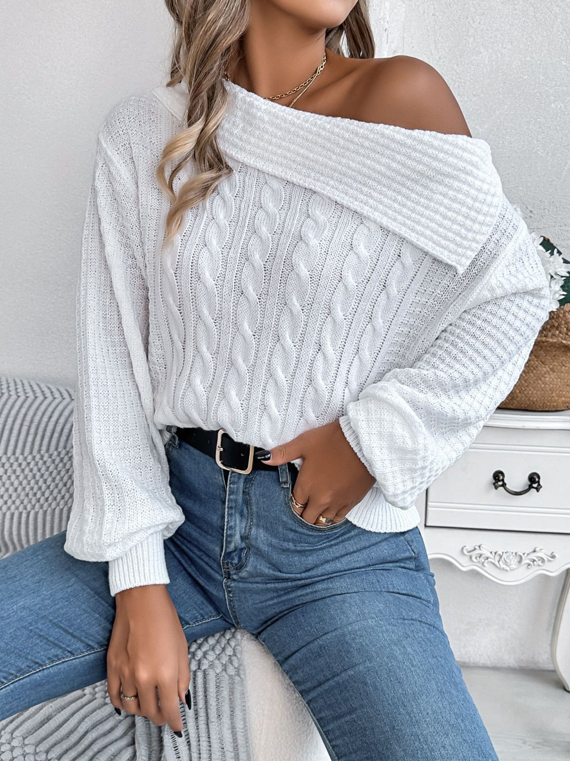 Cable-Knit One Shoulder Long Sleeve Sweater-Bella Boutique Collective
