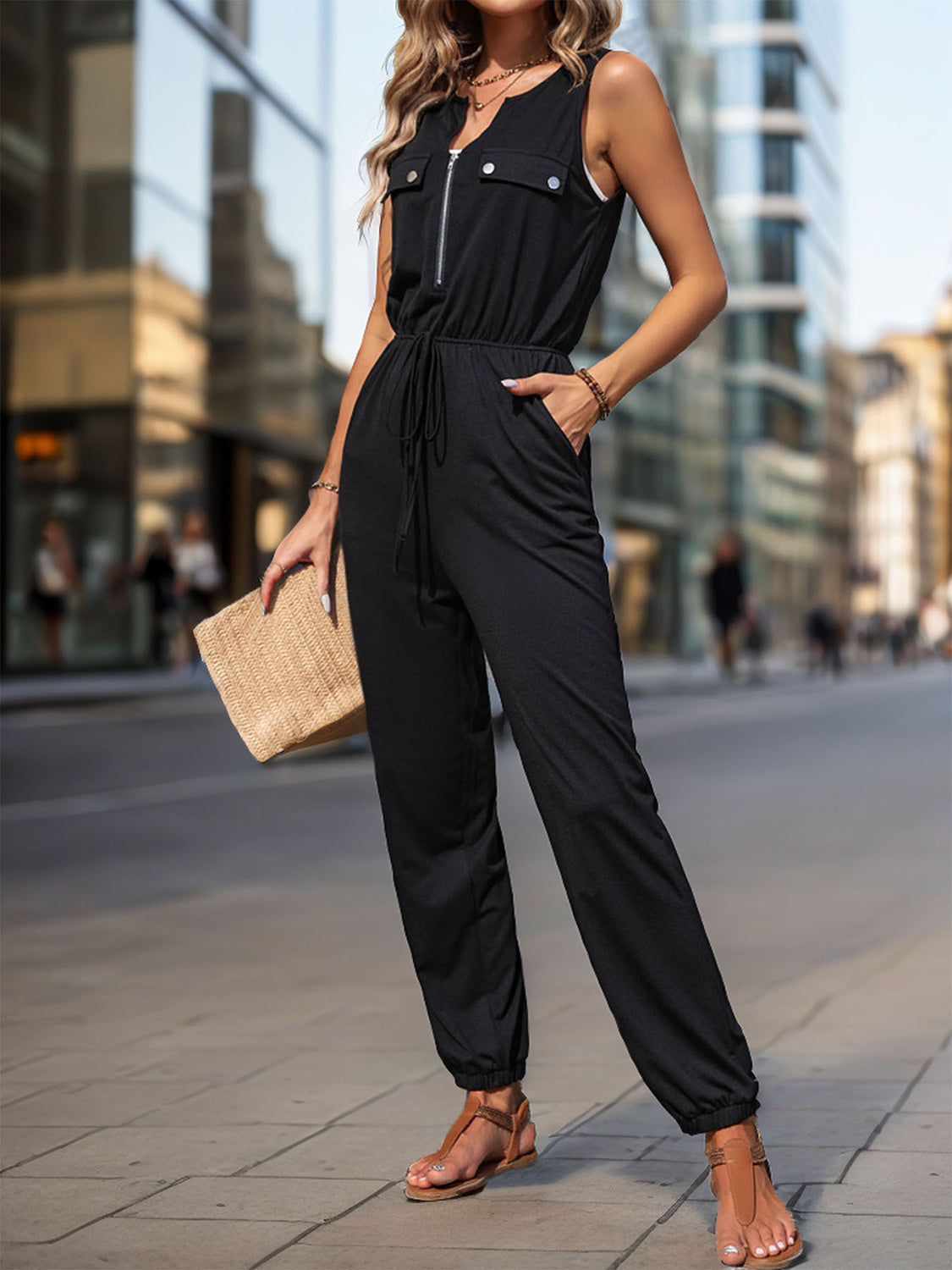Perfee Half Zip Sleeveless Jumpsuit with Pockets-Bella Boutique Collective
