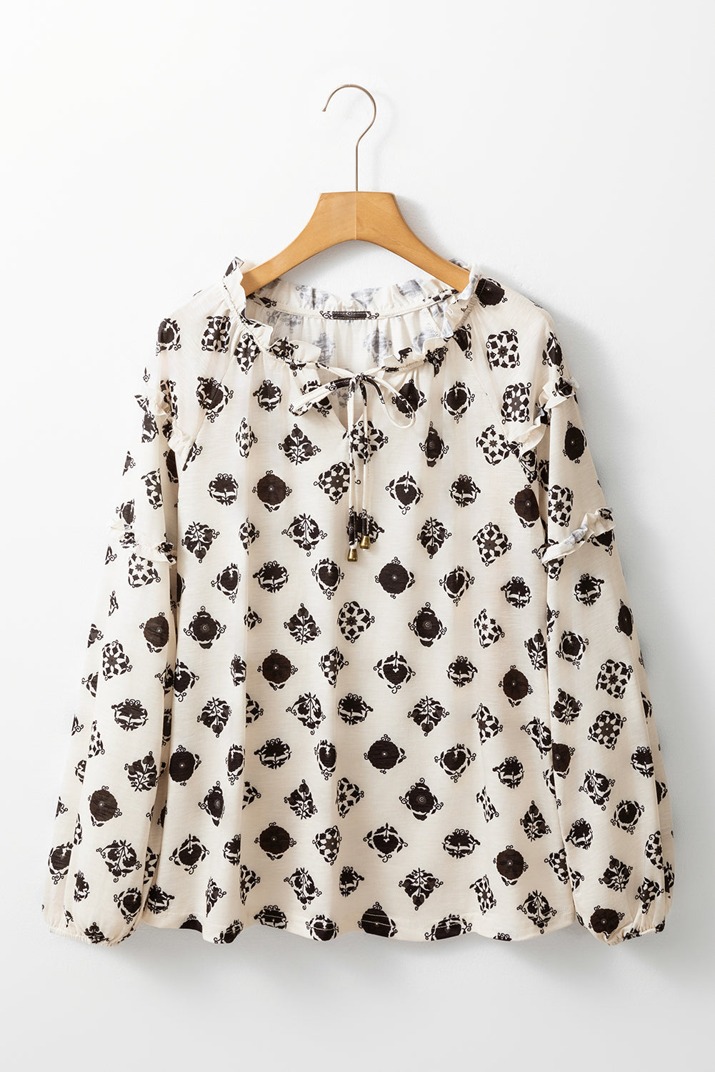 White Printed Split Neck Bubble Sleeve Loose Blouse-Bella Boutique Collective