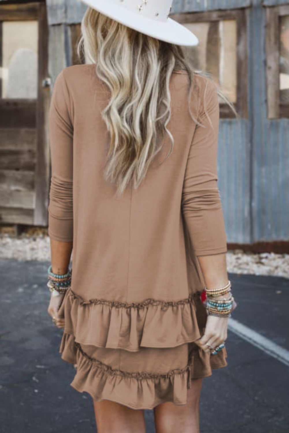 Goat Scoop Neck Tiered Ruffled Hem Long Sleeve Mini Dress-Bella Boutique Collective
