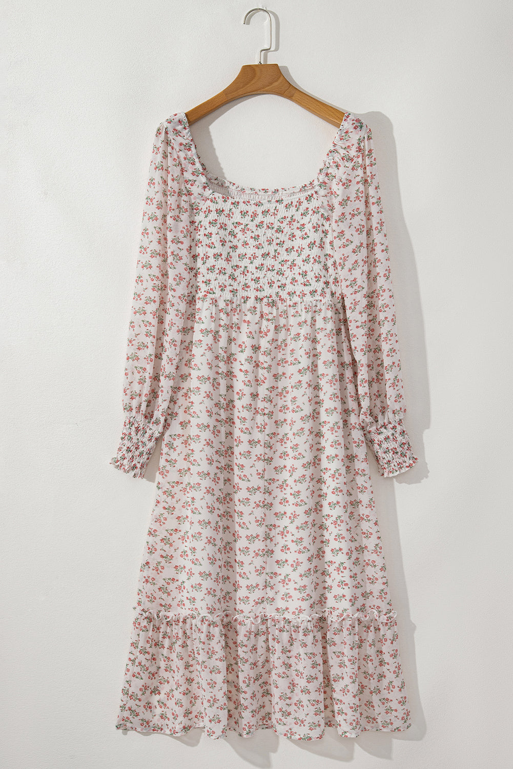 White Floral Print Shirred Ruffled Hem Square Neck Midi Dress-Bella Boutique Collective