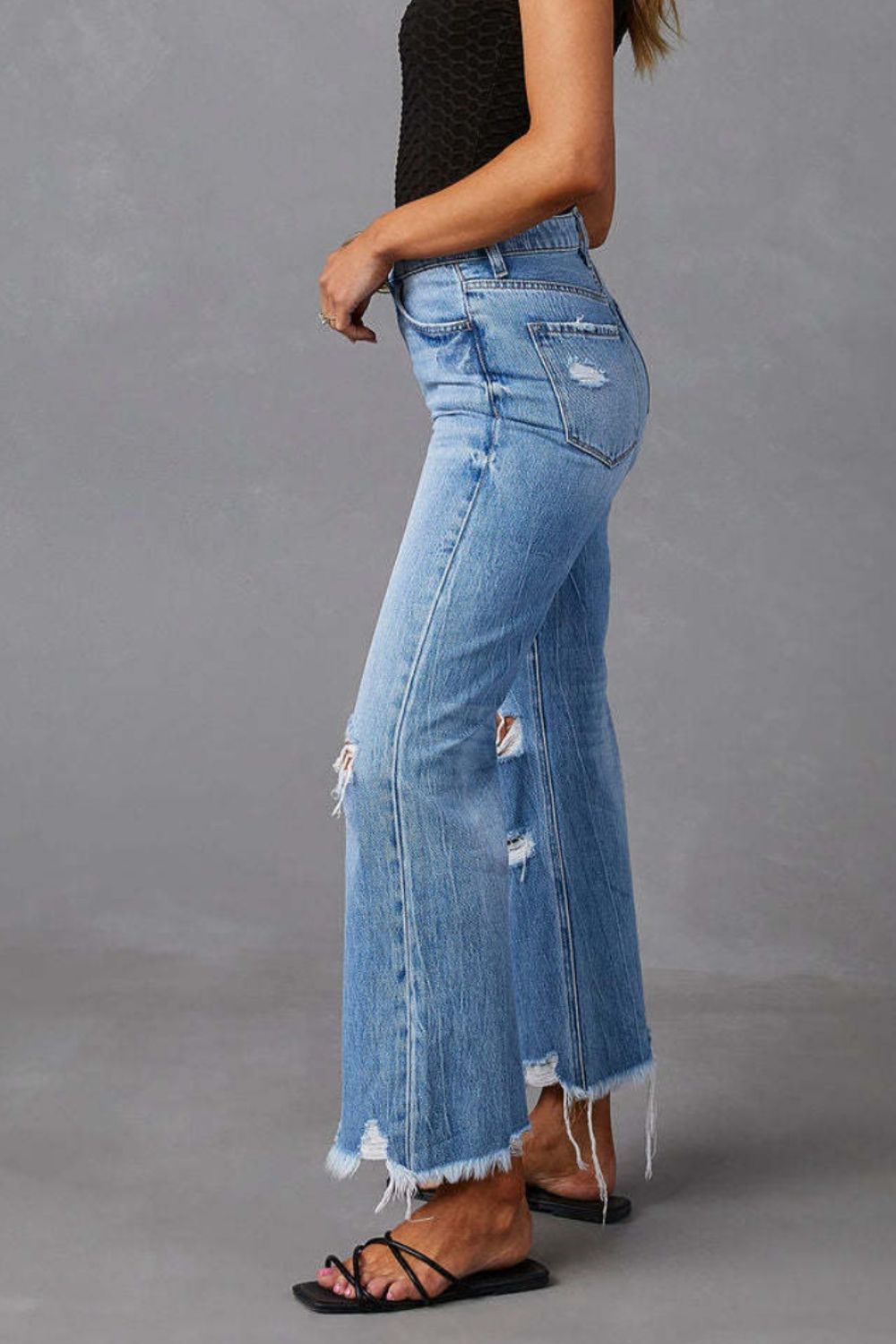 Distressed Raw Hem Jeans with Pockets-Bella Boutique Collective