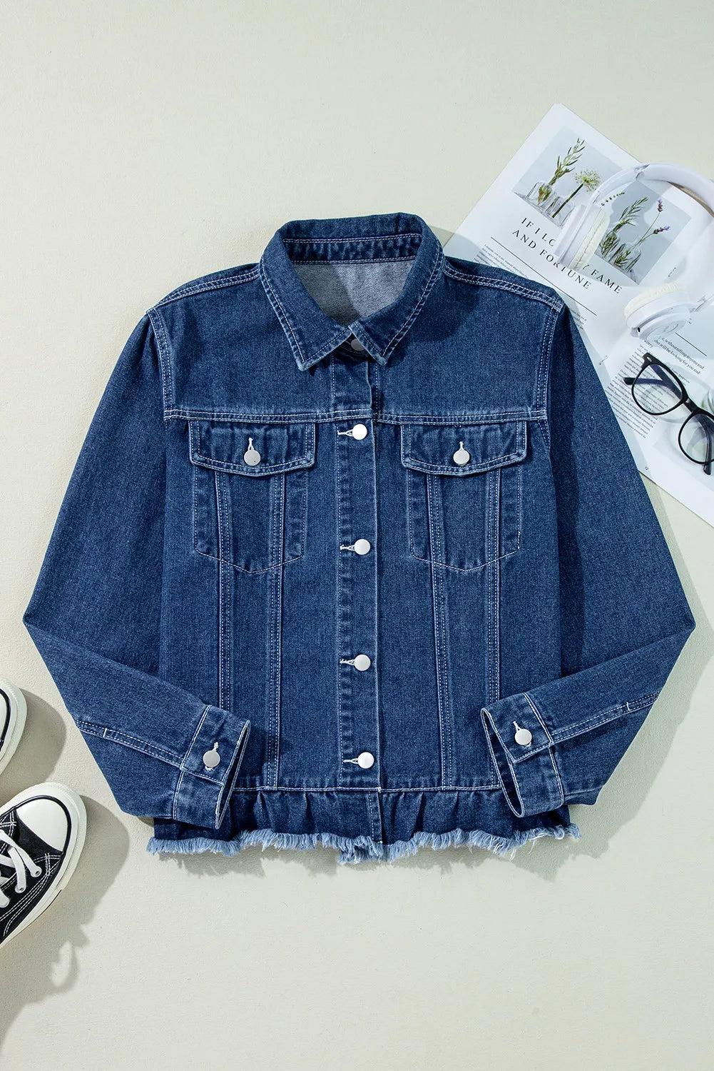 Raw Hem Long Sleeve Denim Jacket-Bella Boutique Collective