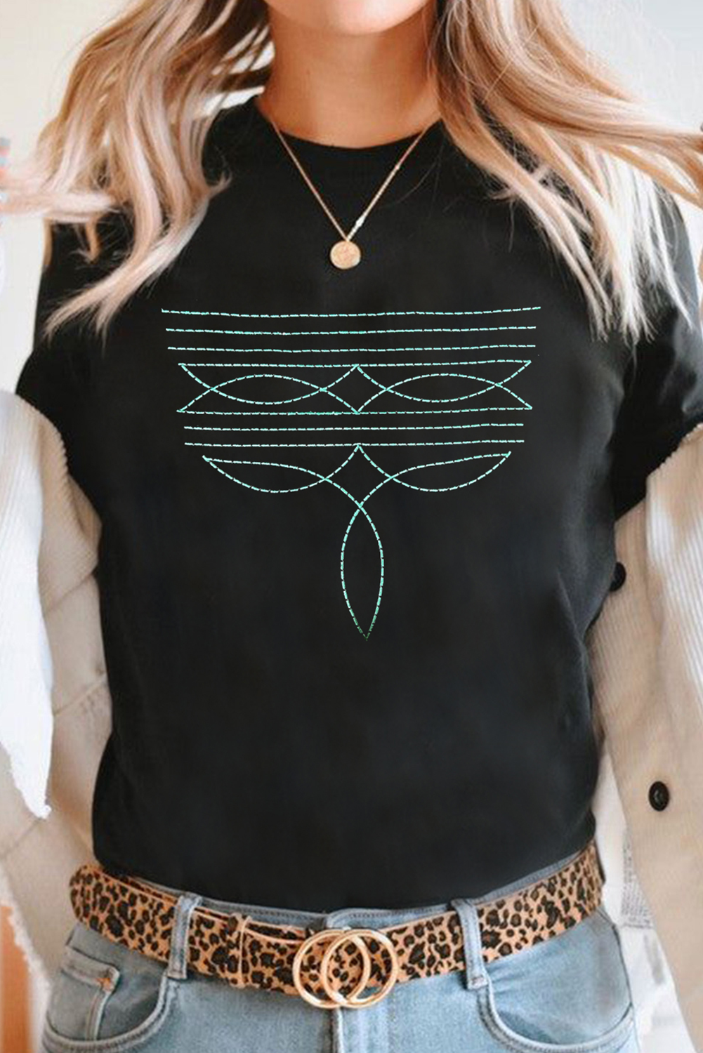 Black Western Fashion Geometric Embroidered T Shirt-Bella Boutique Collective